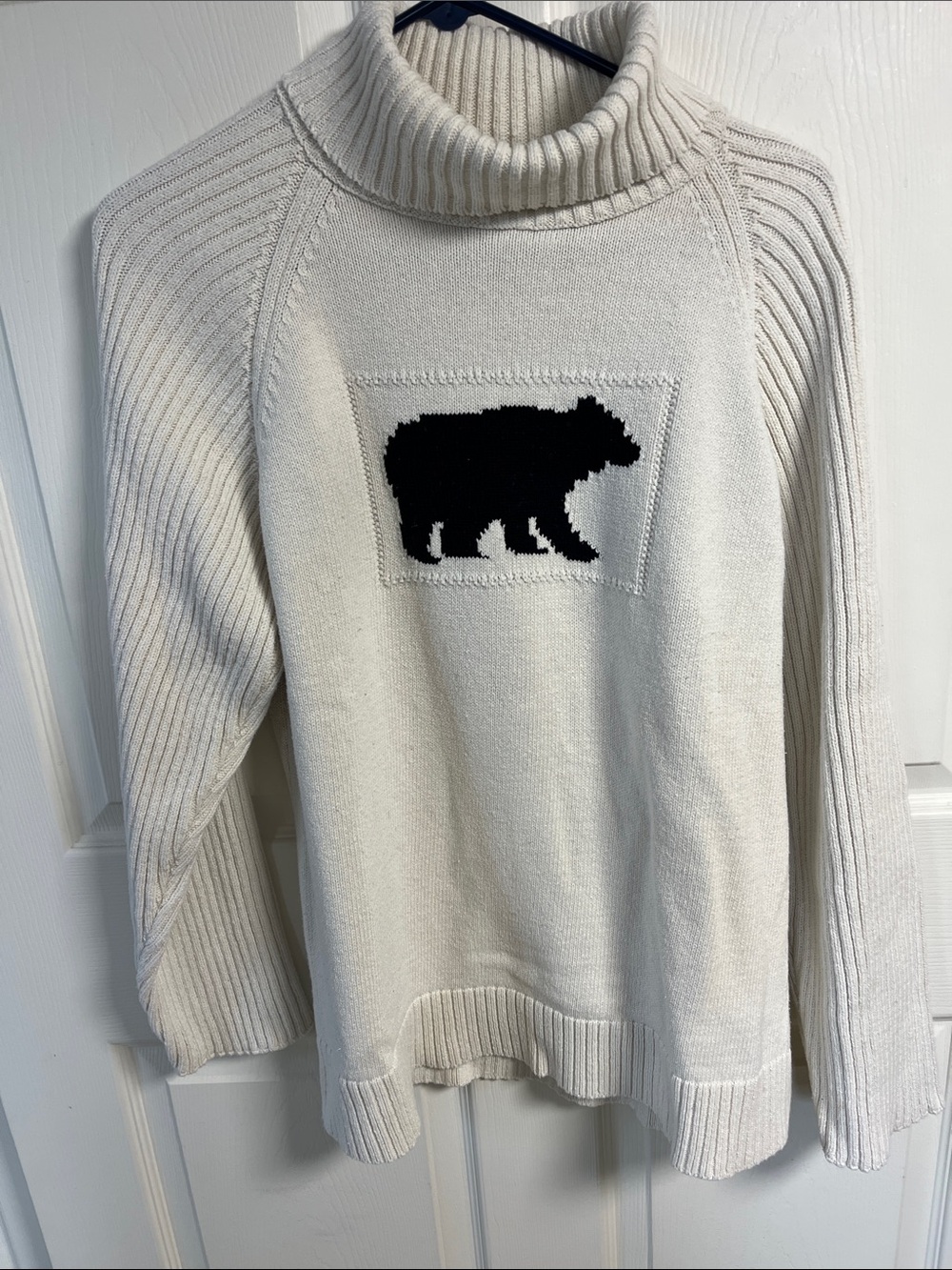 Coldwater Creek Cream Turtleneck Sweater with Black Bear Motif